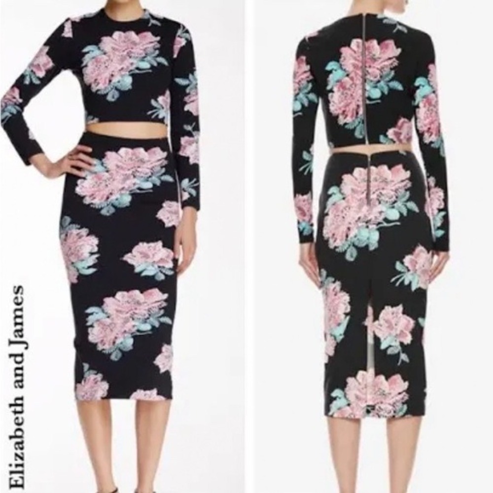 Elizabeth and James Floral Crop Top and Midi Pencil Skirt Set Black Pink S - Picture 2 of 8